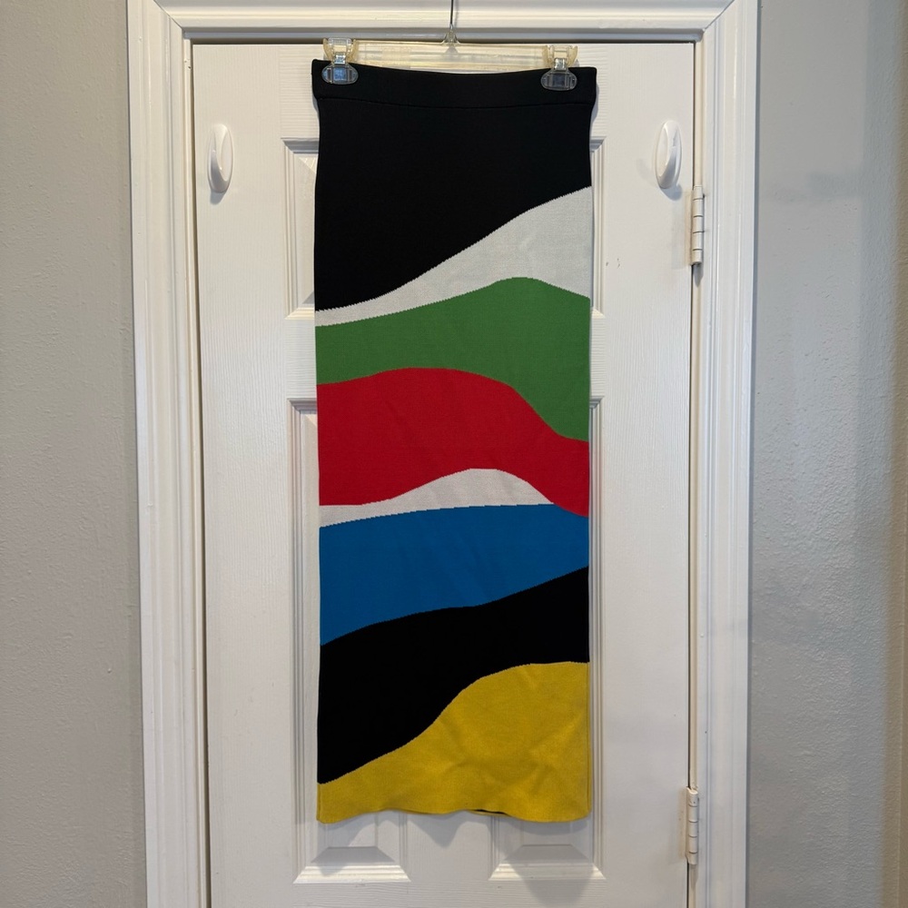 STAUD Multicolor Wave Midi Skirt in Black, Red, Green, Blue, Yellow - Picture 3 of 10